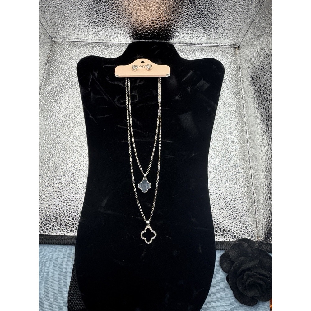 Black Clover Jewelry Set Necklace Earrings Rhinestone Silver Tone NWT